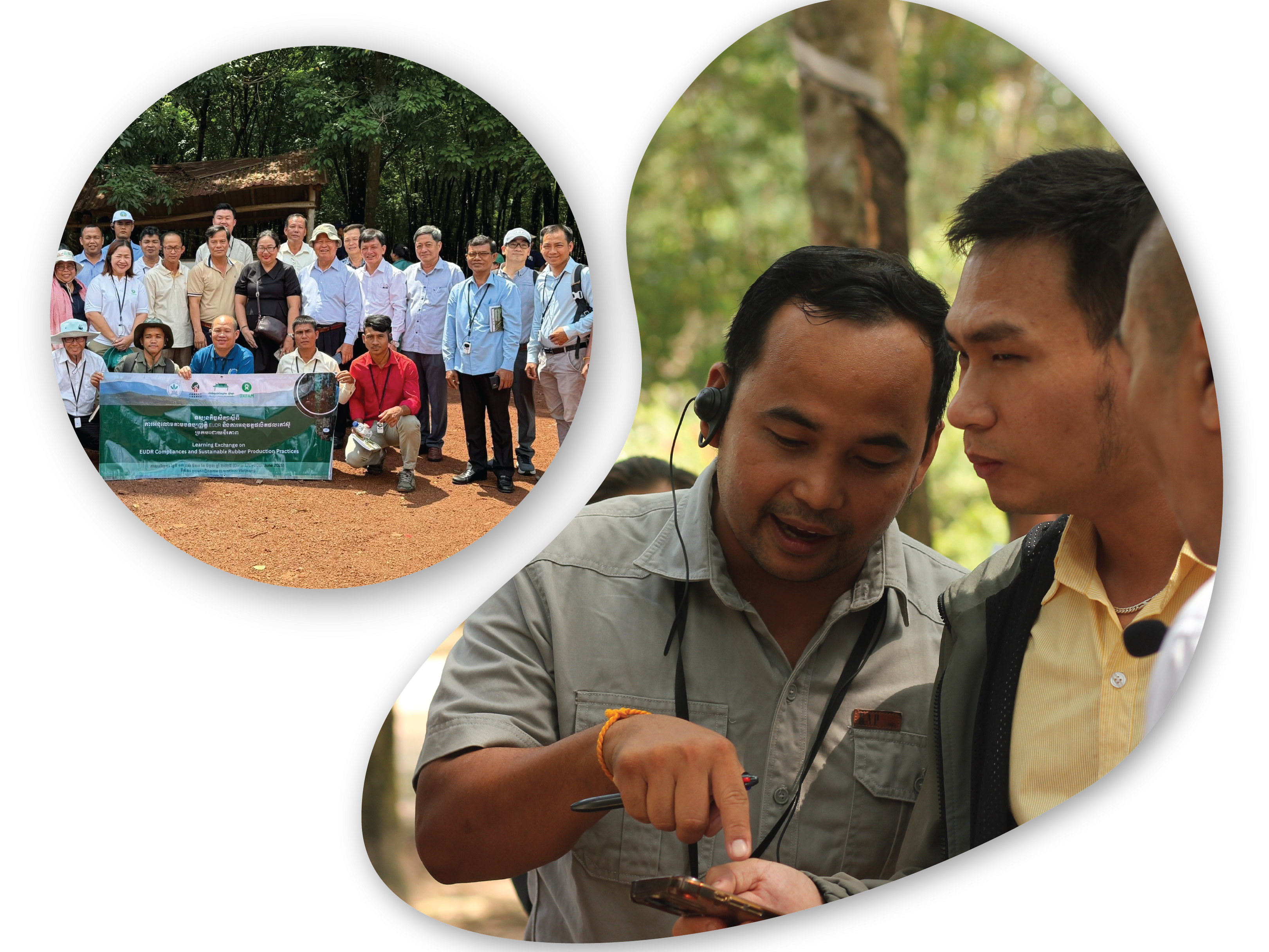 Một nhóm người đứng chụp ảnh tập thể bên một biểu ngữ, với khung cảnh thiên nhiên xung quanh.